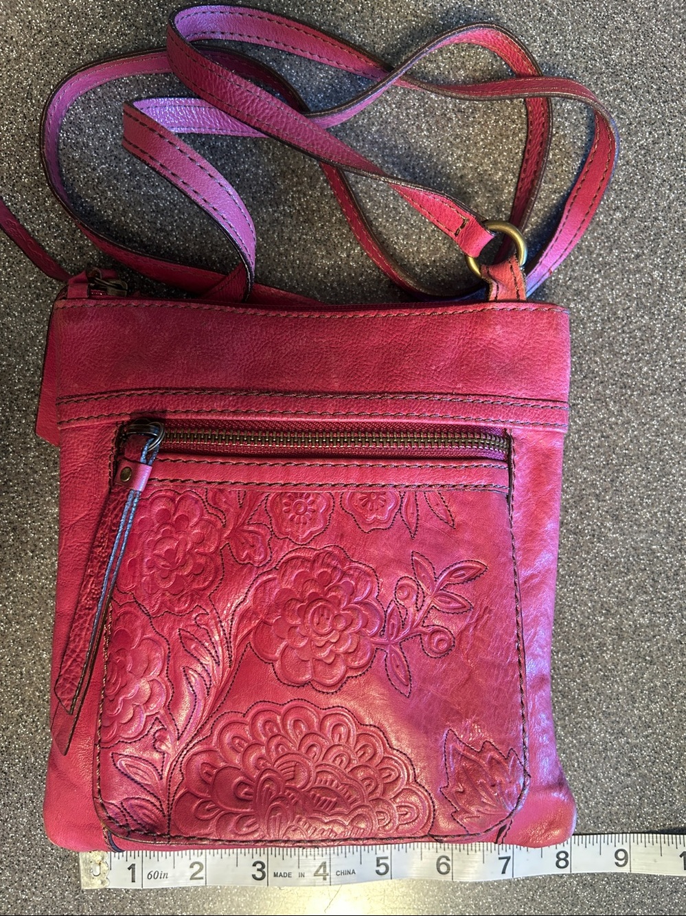 Fossil. Stylish Pink Floral Embossed Leather Crossbody Bag